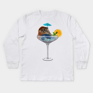 Slow loris. Cheers! Fat and funny is sitting in a cocktail glass with cocktail umbrella Kids Long Sleeve T-Shirt